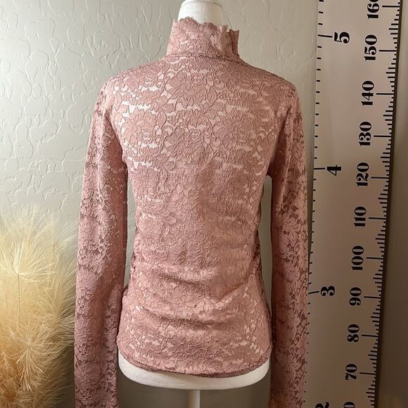 PINK stretchy long sleeve mock turtleneck lacy sheer blouse/top size medium - Picture 6 of 11